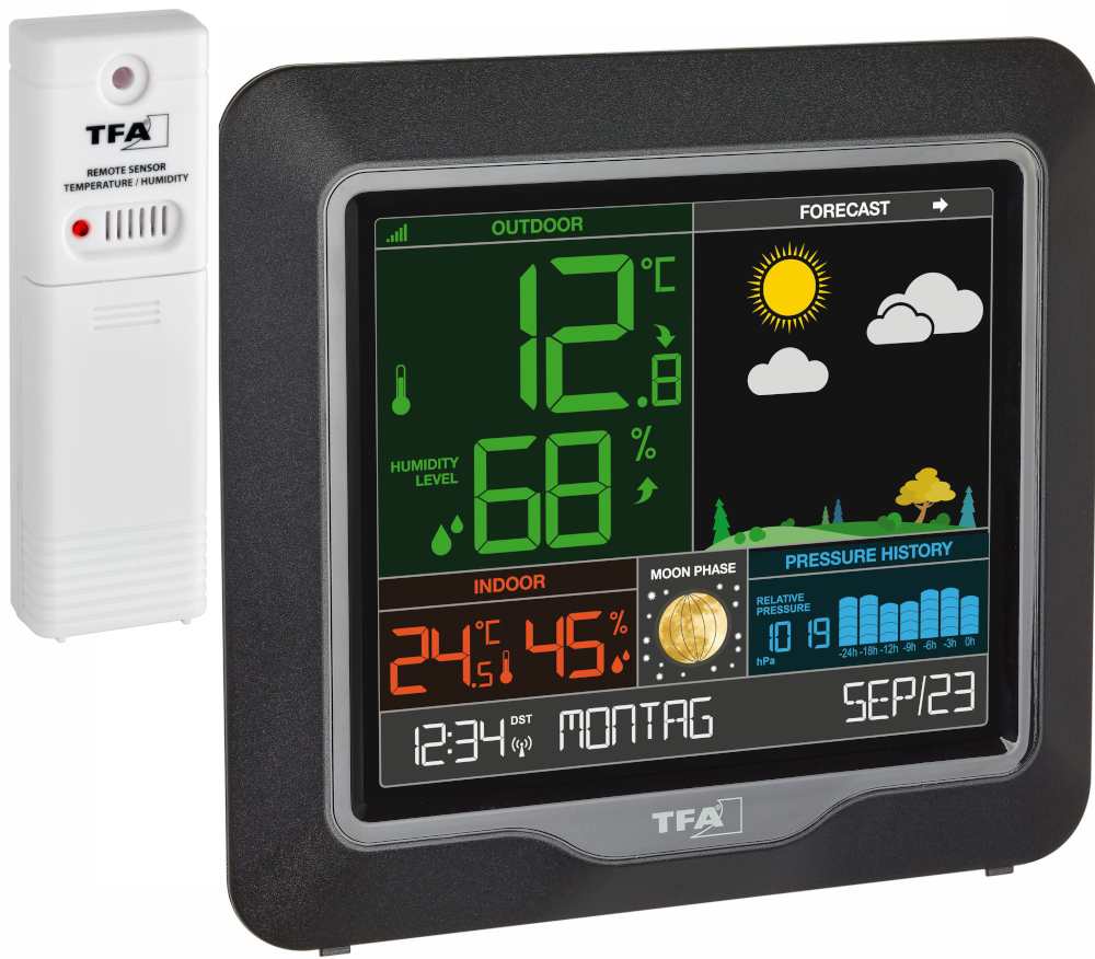 T351150.01+5LR6 Station Météo couleur phases de lune avec pression et graphique TFA
<---Cliquez sur l'image pour agrandir---> T351150.01+5LR6 Station Météo couleur phases de lune avec pression et graphique TFA